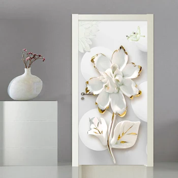 דלת מודרנית מדבקה 3D השיש הקלה פרחים טפט לסלון חדר שינה עיצוב הבית PVC הדבקה עצמית עמיד למים 3D הדלת מדבקה