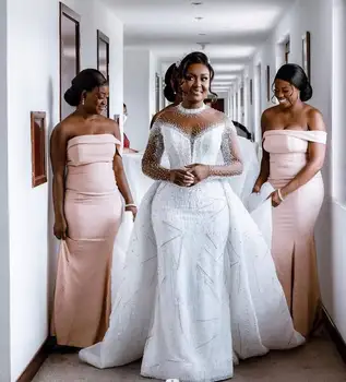 הגעה חדשה בת ים שמלת החתונה גבוה צוואר השרוול הארוך נדן שמלת כלה אפריקה פרל החתונה 2024
