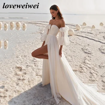 החוף את הכתף קו שמלת בוהו טול חתונה שמלת כלה שמלת קיץ טול גלימת כלה Vestido De נוביה