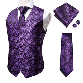 היי-העניבה של גברים האפוד יוקרתי קלאסי סגול אקארד משי הז ' קט מטפחת חפתים סט וסט החליפה להגדיר עבור גברים מסיבת החתונה.
