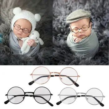 היילוד צילום אביזרים בציר מסגרות מתכת פשוטה גדול עגול משקפיים משקפי שמש לתינוקות בנים בנות פוטושוט רגיל משקפיים