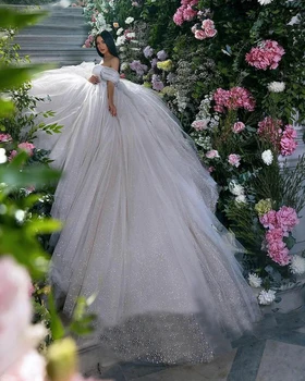 הנסיכה שמלת חתונה שמלות נשף נצנצים טול מתוק הכלה שמלות חלוק דה Mariee את כתף שמלות חתונה