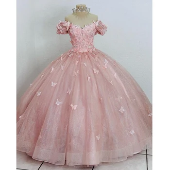 ורוד נוצץ 16 שמלת קינסאנךרה עם הגלימה 2023 מחוץ כתף פרפר נסיכה המפלגה שמלת Vestidos דה-15 שנים