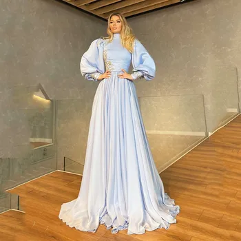חדל שרוול התחרה Appliqued שמלה לנשף בסגנון מוסלמי ערב מסיבת שמלות שמיים כחולים גבוה צוואר גלימה שמלות ערב