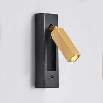 חדש Led מנורת קיר מנורות קיר עם מתג שחור פליז יצירתי יציאת USB קורא מנורת קיר עם 3W אור הזרקורים עבור חדר השינה ליד המיטה