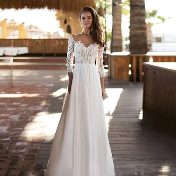 חוף שמלות חתונה קו A-3/4 שרוולים שיפון אפליקציות תחרה בוהו דובאי ערבית חתונה שמלת כלה שמלת Vestido De Noiva
