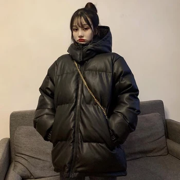 חורף חם שחור עבה מעיל עם ברדס נשים רופף מזדמנים גברת פרווה גבוהה רחוב ז ' קט המשאף אופנה קוריאנית להאריך ימים יותר חדש