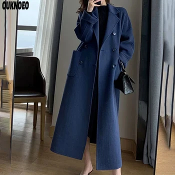 חורף נשים מעיל אלגנטי אופנה קוריאנית Luxusy עבה צמר מעיל שחור, כחול כהה, ז ' קט 2023 סלים אביב נשים מעיל רוח