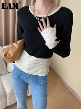 [ידה] צבע בלוק אלגנטי סריגה סוודר צוואר עגול שרוול ארוך לנשים Pullovers חדש אופנה גאות אביב סתיו 2023 1DH0283