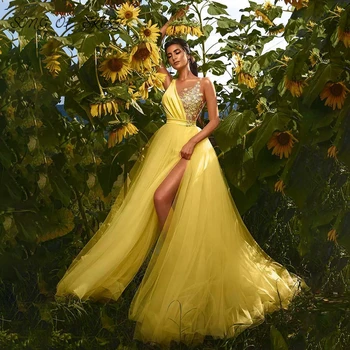 ייחודי צהוב שמלות ערב אלגנטיות גבוהה פיצול פרח צוואר V זמן הוסט רשמית מפלגה שמלת חלוק דה פאטאל לנשף