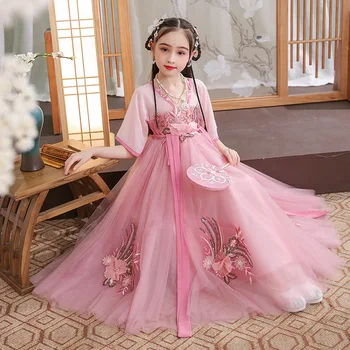 ילדה של רקמה האן-פו נסיכה יום הולדת מסיבת ריקודים לבצע השמלה לילדים הסינית המסורתית זמן חתונה שמלת ילדה פרח