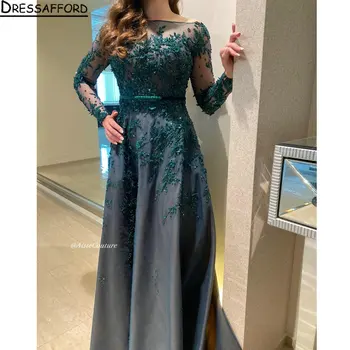ירוק צייד אשליה שרוול ארוך חרוזים דובאי בתולת ים שמלת הערב 3D אפליקציות תחרה הסעודית ערבית רשמית שמלת מסיבת
