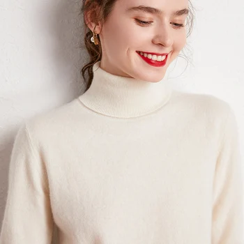 כיתה עליונה נשים סוודרים 100% צמר טהור צווארון גולף לסרוג שרוול ארוך Pullovers 2020 חורף סתיו חדשה צמר הבגדים הנשי.