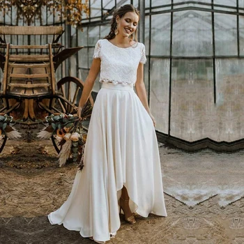 מדהים בוהמי שתי חתיכות שמלת החתונה 2023 LaceTop שרוול קצר שמלת כלה תכשיט צוואר חוף חתונה שמלת Vestidos דה נוביה