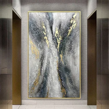 מודרני מופשט 100% מצוירים ביד בד ציור שמן זהב שחור אפור מרקם המתאר את השמיים בציר קיר בעיצוב אמנות במסדרון מרפסת