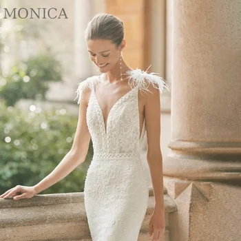 מוניקה בת ים שמלת החתונה 2022 O-צוואר בלי שרוולים אפליקציות שמלות כלה באורך רצפת רכבת משפט Vestido De נוביה בהזמנה אישית