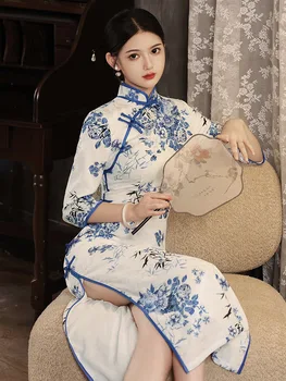 מסורתי, מנדרינית צווארון שבע נקודות שרוול נשים Cheongsam סאטן מודפס סלים צ ' יפאו אורינטל הסינית שמלות