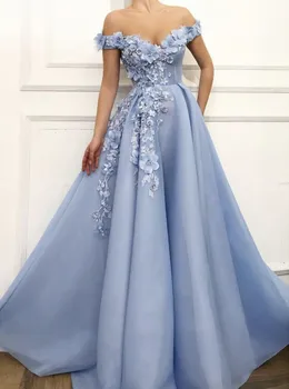 מקסים כחולות שמלות ערב 2019 קו את הכתף פרחים אפליקציות דובאי הסעודית ערבית ארוך שמלת ערב שמלה לנשף