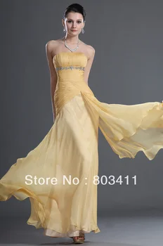 משלוח חינם חדשה מהממת סטרפלס ישר שמלת קפלים צהוב שיפון שמלת הערב