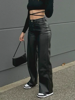 נשים Pu דמוי עור גבוהה המותניים מכנסי באגי ישר להתאים מכנסיים שחורים רחבים רגל נשית אופנה בגדי תחתיות 2021 מזדמן