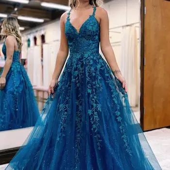 נשים רצועות ספגטי צוואר V אוקיינוס כחול שמלה עם תחרה, אפליקציות מדהימה ניצוץ ברק טול שמלות ערב עבור בני נוער