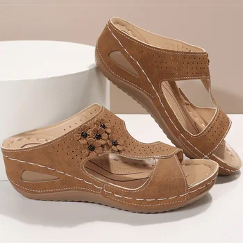 סנדלי נשים רטרו עקבים סנדלים לקיץ נשים נעלי להחליק על טריז Sandalias Mujer רך, עקבים נעלי בית מקורה חיצוני
