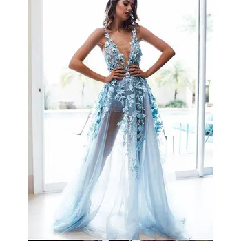סקסית כחול טול ארוך שמלות לנשף 2022 ניו הגעה סקסית צוואר V Ilustion פרח אירוע מיוחד שמלות ערב בהזמנה אישית