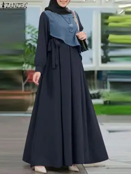 סתיו אופנה מוסלמית השמלה ZANZEA נשים ניגודיות צבע שמלת קיץ שרוול מלא O-צוואר תחרה שמלות אלגנטיות החלוק טורקיה כפיות
