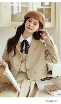 סתיו פנאי בסגנון בריטי קטן ז 'קט נשים אחת עם חזה קצרים ז' קט אופנה הקוריאנית גרסה מעיל 2023