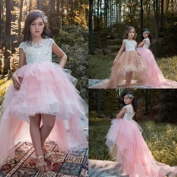 פרח ילדה שמלות, לבן וורוד נפוח אפליקציות בדרגה נמוכה שמלה ללא שרוולים עבור חתונה, מסיבת יום הולדת קודש שמלה