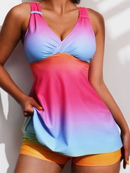 צבע הדפסה Tankini סט שני חלקים של בגדי ים נשים גבוהה המותניים בגדי ים נקבה מרופד בגד ים Beachwear שחייה בקיץ