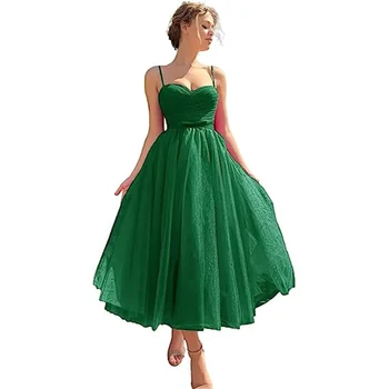 צבע מותאם אישית ספגטי רצועת טול השמלה עבור בני נוער 2023 תה-LEGTH קו נשף שמלת ערב עם כיס