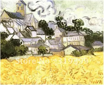ציור שמן רבייה על בד קנבס,נוף של אובר עם הכנסייה על ידי וינסנט ואן גוך,100% עבודת יד, DHL משלוח חינם