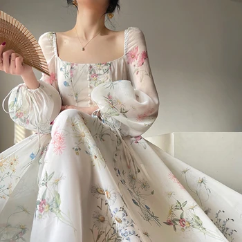 צרפתי אלגנטי פרחוני Midi שמלת שיפון שרוול ארוך ערב המפלגה שמלת אישה החוף פיות חתיכה אחת שמלה קוריאנית 2023 הקיץ