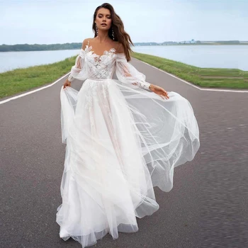 קו שמלות כלה 2021 החוף אפליקציות תחרה עם שרוול ארוך ללא משענת טול רכבת לטאטא שמלות כלה Vestidos דה נוביה