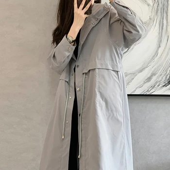 קוריאה סגנון חופשי שרוך נקבה טרנץ ' בצבע מלא עם ברדס שיק כפתורים סלים המותניים של נשים מעיל מעיל החורף