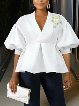 שושבינה חולצה לבנה הנשים צוואר V לכל היותר גבוהה המותניים Peplum החולצה Flowear ערב אירוע מסיבת אפליקציות על בגדים לחתונה