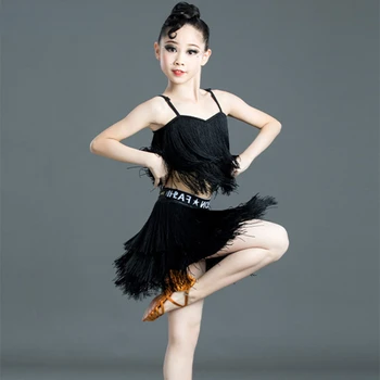 שחור שוליים הלטינית שמלת ריקוד בנות ילדים Mordern ריקודים סלוניים, שמלות סמבה תחרות תחפושות ילדים הלטינית במה ללבוש.