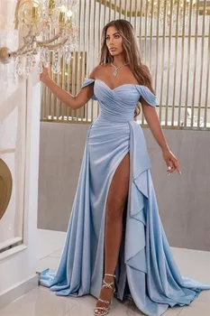 שמיים כחול שמלת ערב קפלים מחוץ כתף מתוקה של בתולת ים סאטן חרך Ruched שמלת נשף אלגנטית לנשים ללבוש למסיבה מותאם אישית
