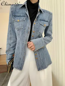 שרוול ארוך רטרו ג 'ינס חולצה ז' קט נשים 2023 אביב חדש אופנה גבוהה המותניים העיצוב המובילים לנשים כל-התאמת אלגנטי, חולצה