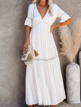 תחרה טוניקה ארוכה שמלת נשים אלגנטית סקסית V-צוואר שמלה-קיץ מזדמן לבן שרוול קצר שמלת החוף ליידי אופנה, ביקיני חיפוי-