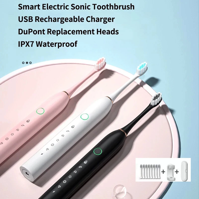 חכם חשמלית סוניק מברשת שיניים נטענת USB אלקטרונית שיניים מברשת IPX7 עמיד למים הלבנת שיניים נקיות 8 החלפת הראש - 0