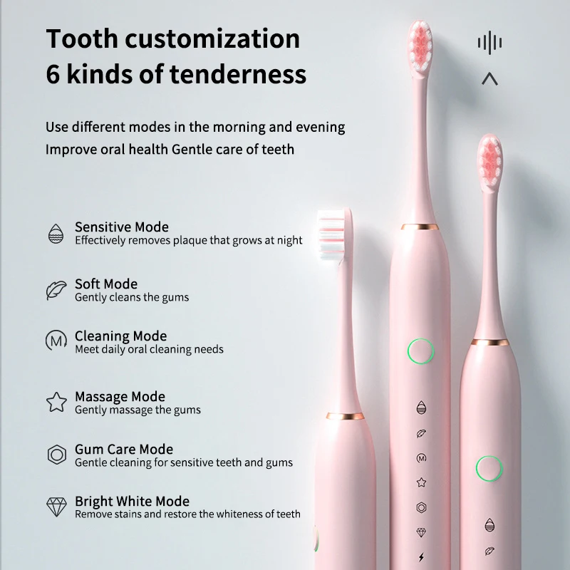 חכם חשמלית סוניק מברשת שיניים נטענת USB אלקטרונית שיניים מברשת IPX7 עמיד למים הלבנת שיניים נקיות 8 החלפת הראש - 2