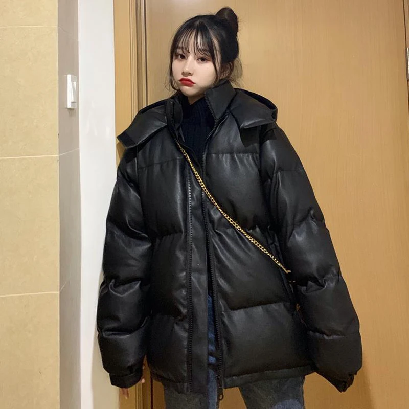 חורף חם שחור עבה מעיל עם ברדס נשים רופף מזדמנים גברת פרווה גבוהה רחוב ז ' קט המשאף אופנה קוריאנית להאריך ימים יותר חדש - 2
