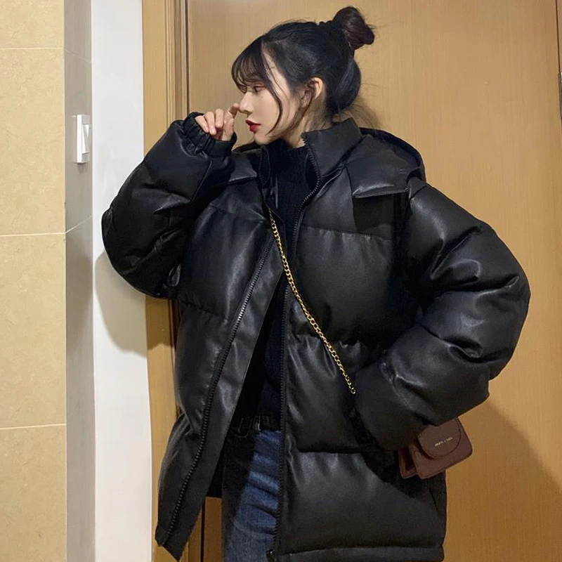 חורף חם שחור עבה מעיל עם ברדס נשים רופף מזדמנים גברת פרווה גבוהה רחוב ז ' קט המשאף אופנה קוריאנית להאריך ימים יותר חדש - 4