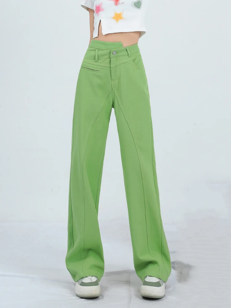 אופנה דופמין רוטב אבוקדו ירוק סימטרית גבוהה המותניים רזה ישר מכנסי ג 'ינס רופף רחב ג' ינס רגל 2023 חדש מכנסיים - 0