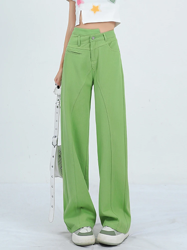 אופנה דופמין רוטב אבוקדו ירוק סימטרית גבוהה המותניים רזה ישר מכנסי ג 'ינס רופף רחב ג' ינס רגל 2023 חדש מכנסיים - 1