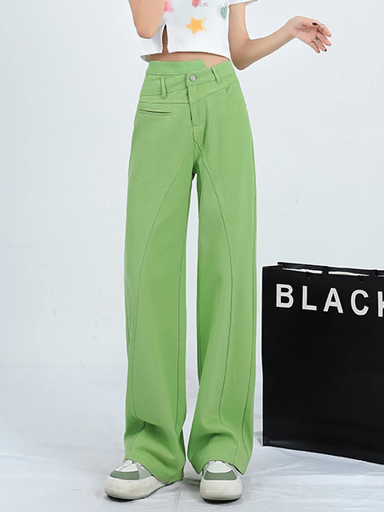 אופנה דופמין רוטב אבוקדו ירוק סימטרית גבוהה המותניים רזה ישר מכנסי ג 'ינס רופף רחב ג' ינס רגל 2023 חדש מכנסיים - 3