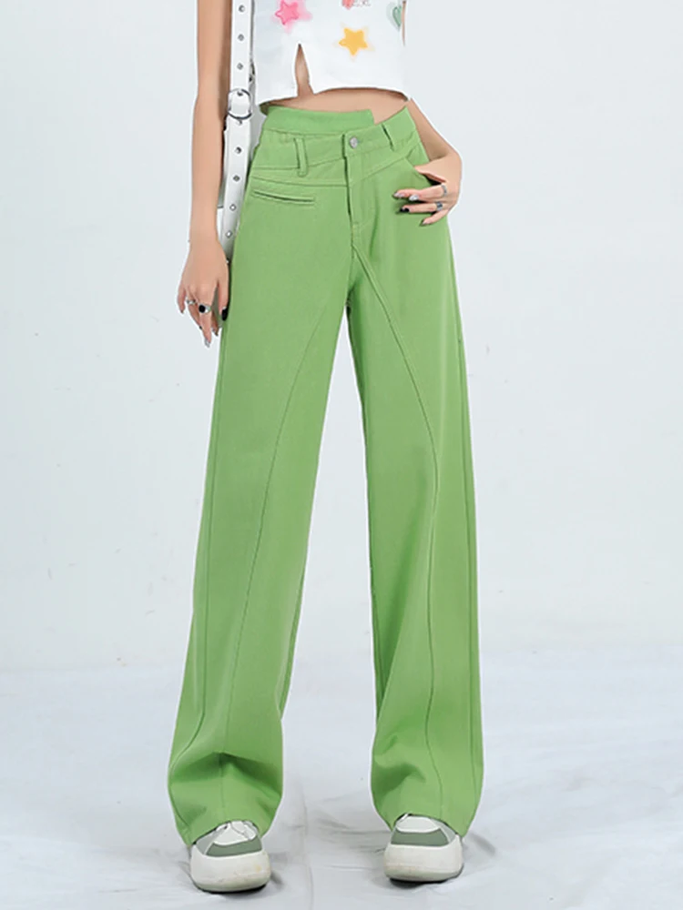 אופנה דופמין רוטב אבוקדו ירוק סימטרית גבוהה המותניים רזה ישר מכנסי ג 'ינס רופף רחב ג' ינס רגל 2023 חדש מכנסיים - 4