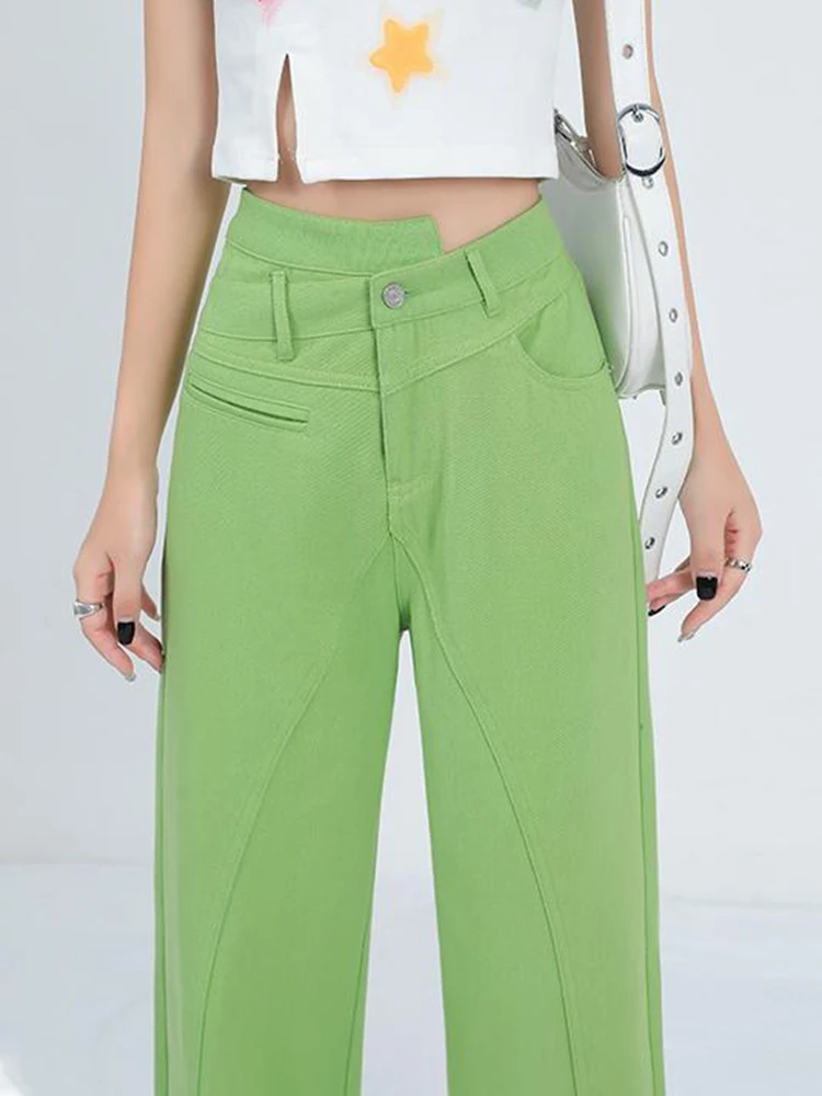 אופנה דופמין רוטב אבוקדו ירוק סימטרית גבוהה המותניים רזה ישר מכנסי ג 'ינס רופף רחב ג' ינס רגל 2023 חדש מכנסיים - 5